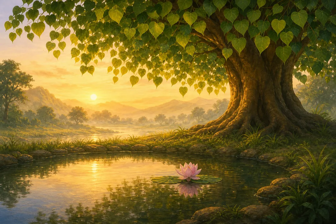 A bodhi tree and a single lotus on a still pond at dawn