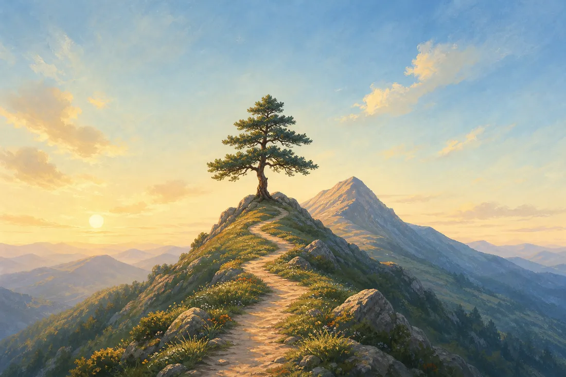 A lone pine on a high mountain ridge with a path climbing at dawn