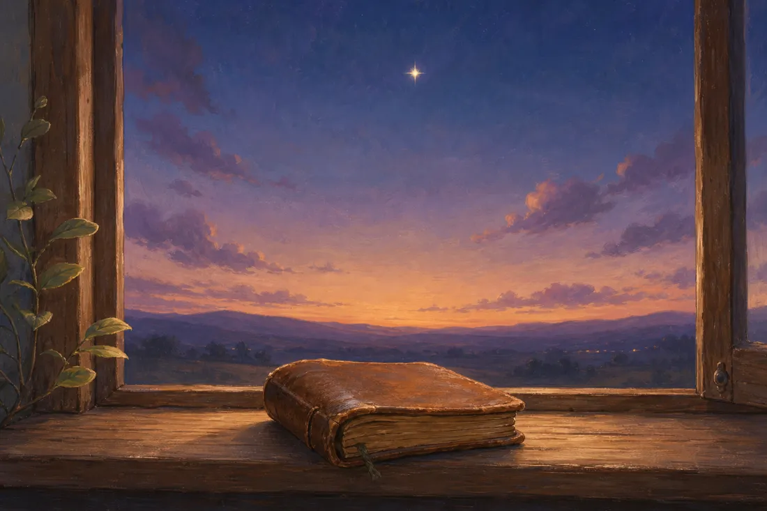 A worn pocket book on a windowsill beneath a calm dusk sky with one bright star