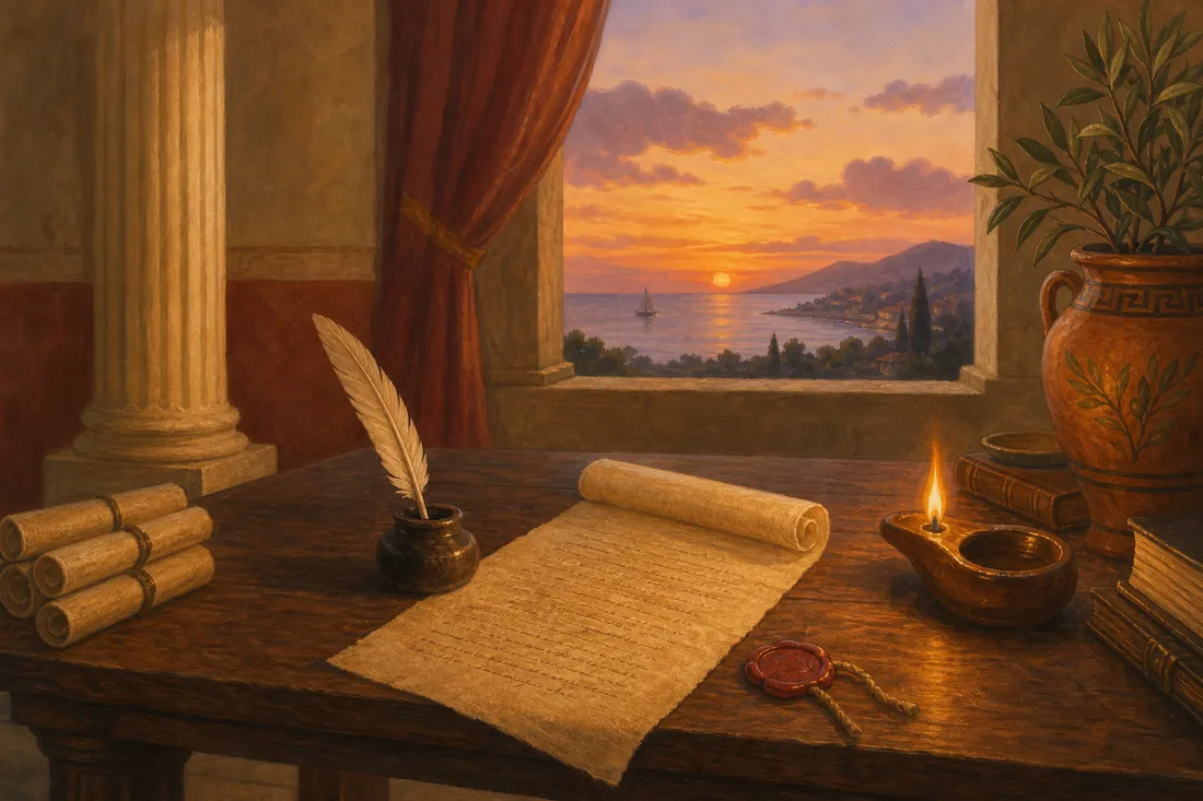 A Roman desk at dusk with a half-written letter, a quill and a wax seal