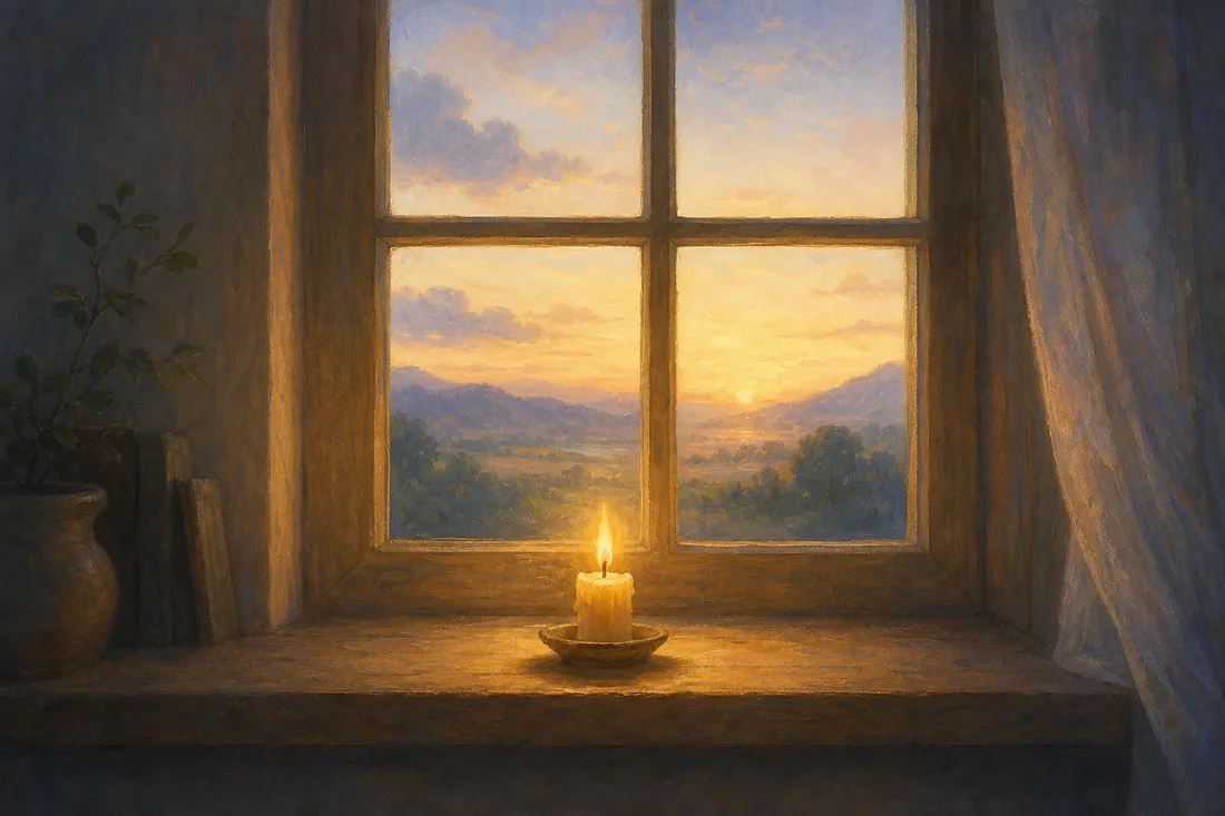 A single candle on a windowsill reaching toward the first light of dawn