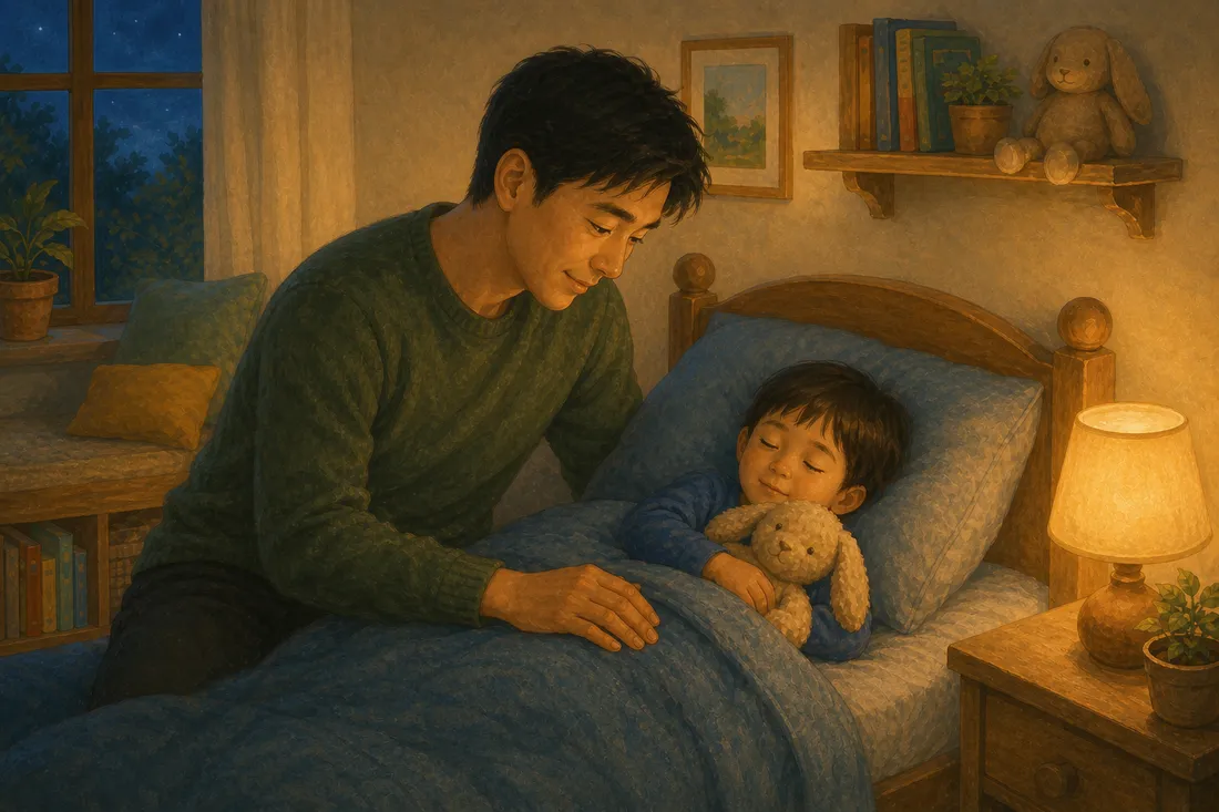 A parent sitting on the edge of the bed beside a sleepy child at bedtime, warm lamplight