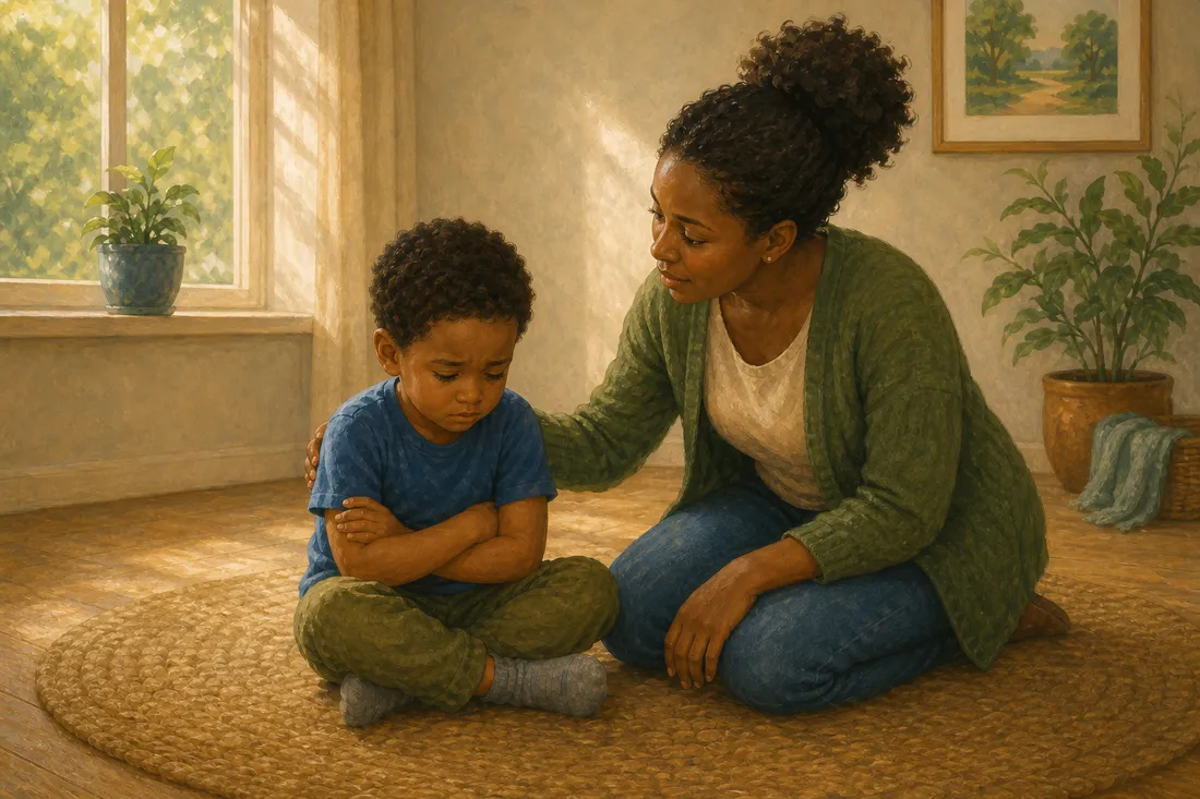 A child sitting with a big feeling while a parent kneels beside them, a gentle hand on their shoulder
