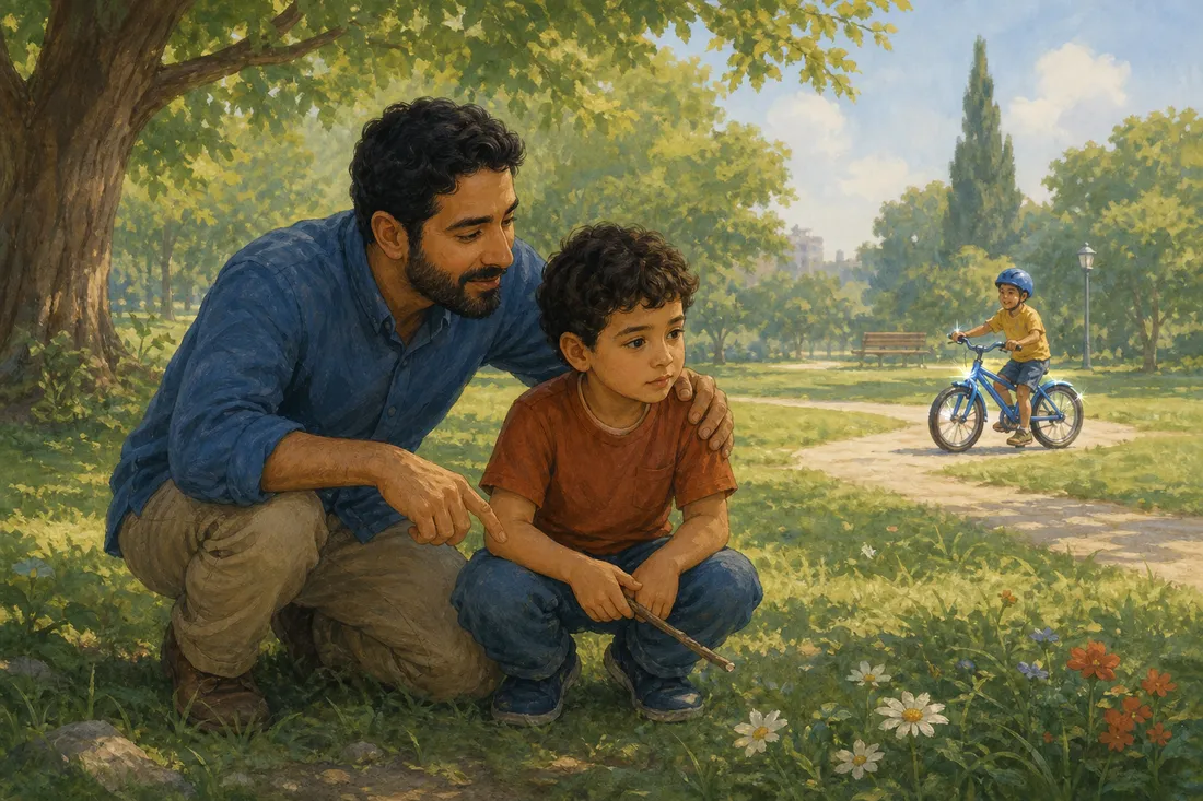 A father crouching beside a child who watches another child with a shinier bike, gently turning their attention back