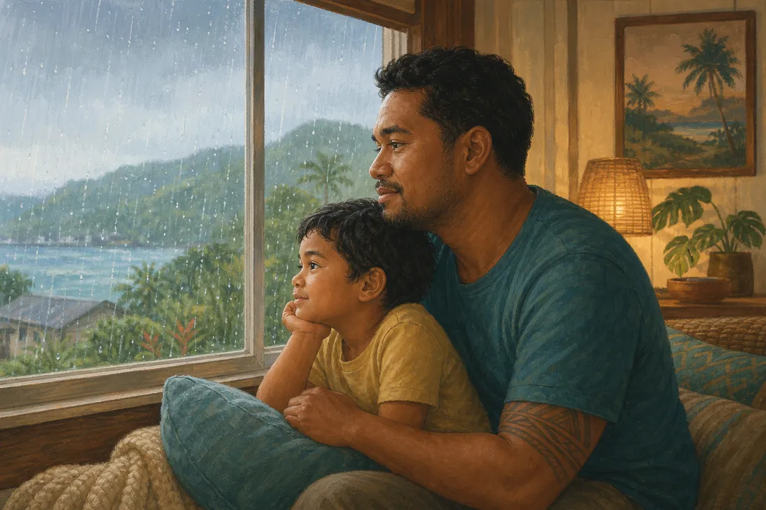 A father and child at a window on a rainy day, looking out calmly together, warm and settled inside