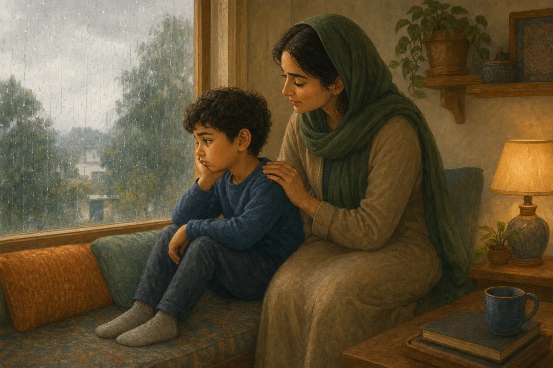 A disappointed child looking out at grey rainy weather while a parent sits close, a gentle hand on their shoulder