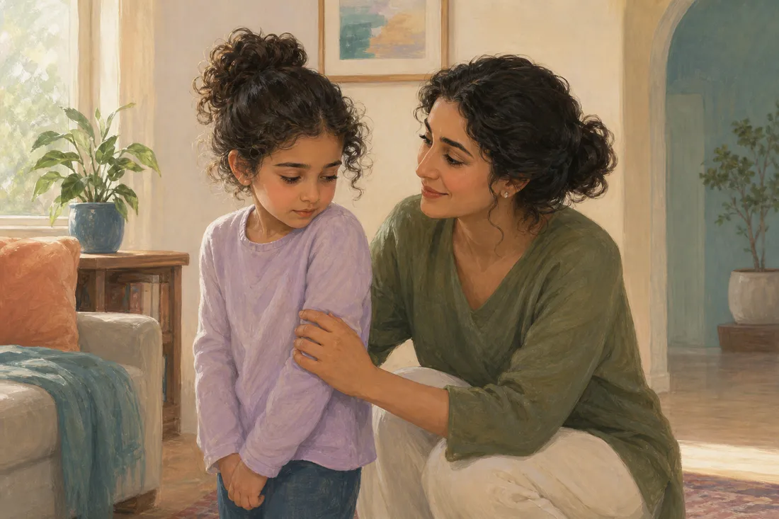 A mother crouching close to a child who looks embarrassed with eyes down, reassuring and calm