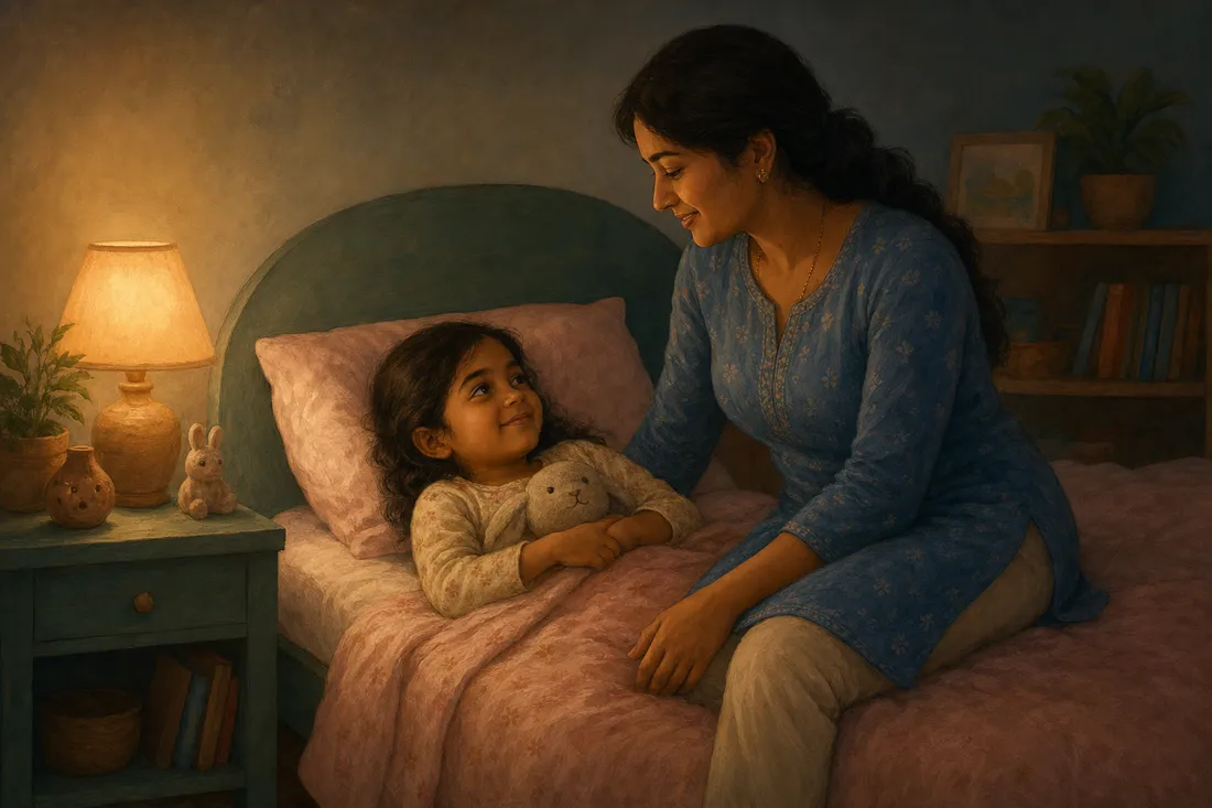 A mother sitting on the edge of a bed by soft lamplight, having a gentle end-of-day chat with a tucked-in child