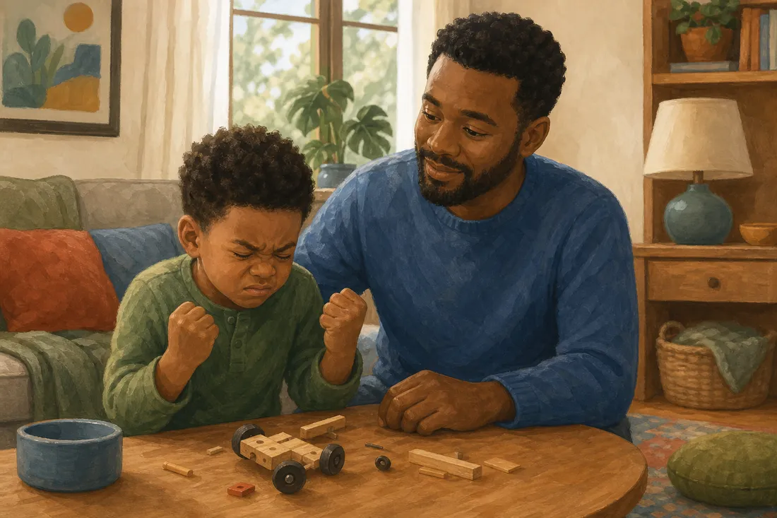 A father staying calm and steady beside a child gripped by a big frustrated feeling, fists tight
