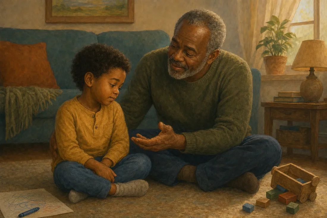 A grandfather sitting close to a slightly sheepish child, inviting the truth warmly without anger