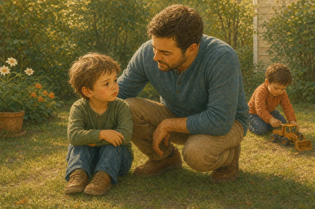 A young child feeling a pang of wanting as another child takes a turn, while a parent gently names the feeling