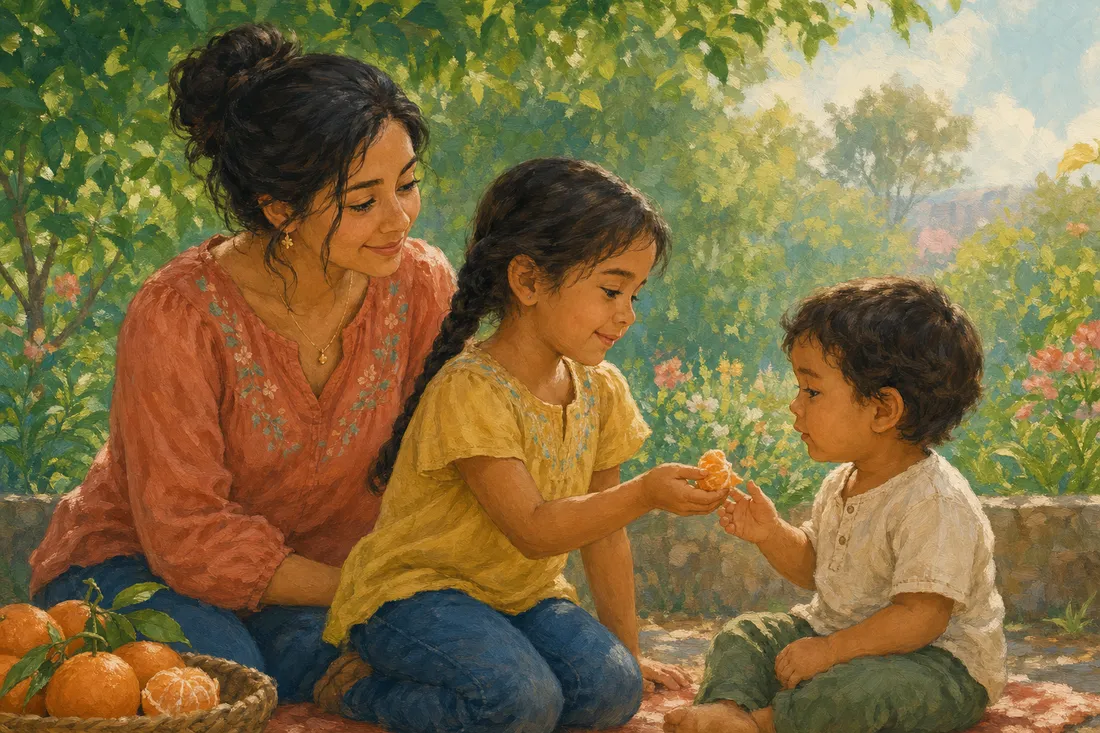 A child doing a small act of kindness for a smaller child while a mother stands beside them, quietly proud