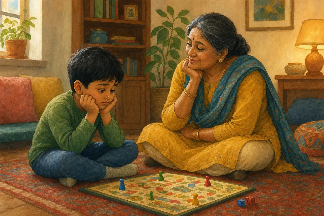 A grandmother sitting at eye level beside a child who looks deflated after losing a board game, warm and reassuring
