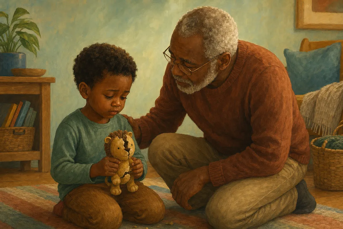 A child holding a broken or lost treasured object while a parent comforts them, taking the loss seriously