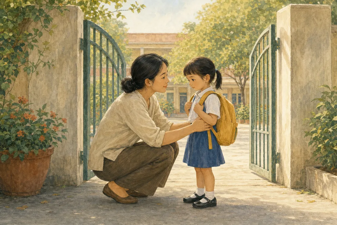A mother crouching at eye level with a nervous child holding a backpack near a school gate, warm and reassuring