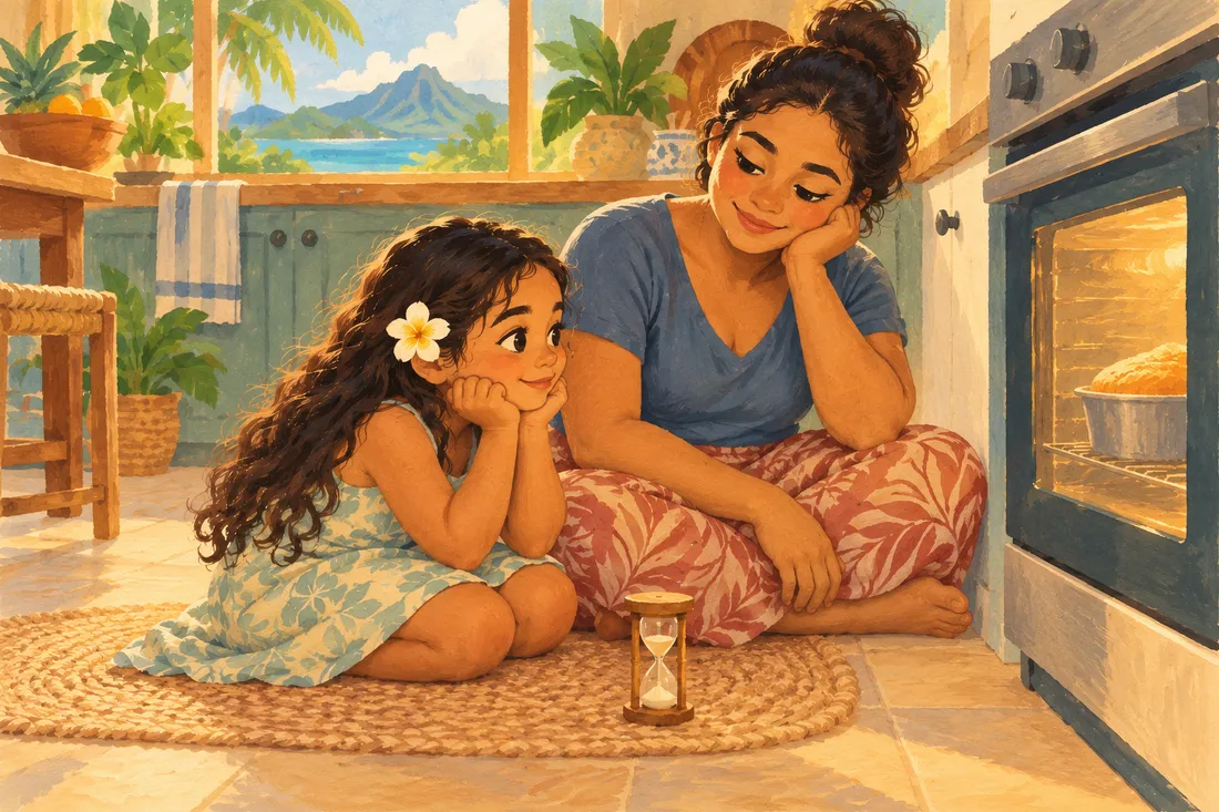 A young girl sitting on the kitchen floor by the oven, chin in her hands, waiting for a cake to bake while her mother sits beside her with a small sand timer