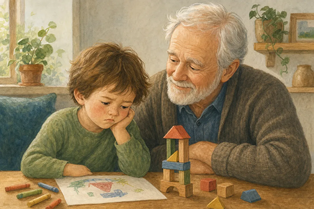 A grandfather sitting close beside a child frowning at their own drawing, gently reassuring them