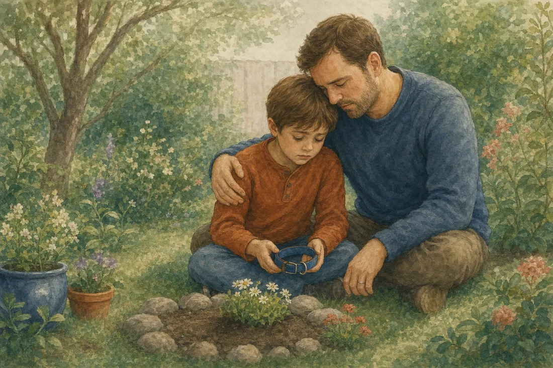 A father sitting close with an arm around a quietly sad child holding an empty collar, grieving together gently