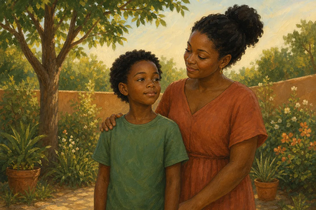 A mother standing beside a child in warm daylight, a gentle hand on the shoulder, the child steady and a little taller