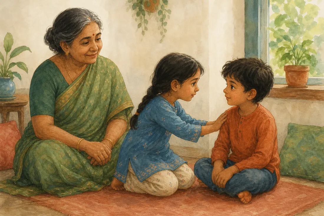 A young child sincerely offering an apology to another child while a grandmother nearby looks on warmly