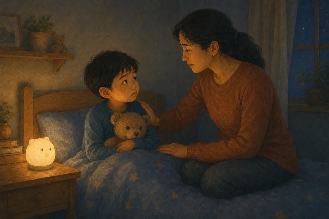 A child a little afraid of the dark at bedtime, comforted by a soft nightlight and a parent sitting close