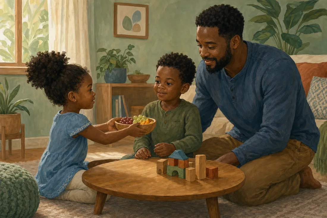 A father kneeling beside two young children at a low table as one child holds out a bowl to share it with the other