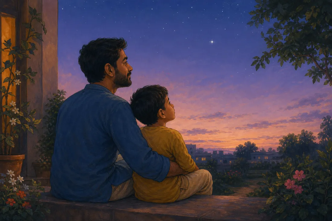 A parent and child sitting quietly together at dusk, looking out at a calm evening sky