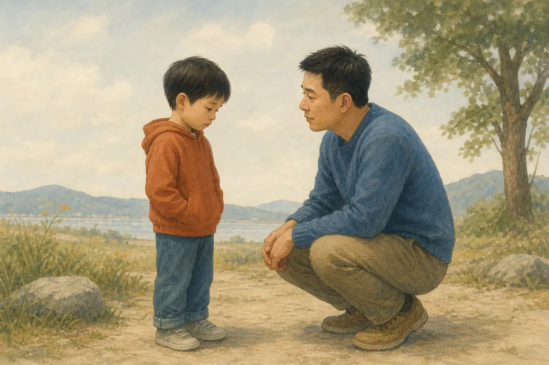 A father kneeling at eye level beside a child who looks hurt and quiet, listening warmly and calmly